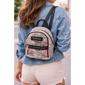 Juicy Couture Mini Backpack Rose Print Black Gold Zip Adjustable Straps